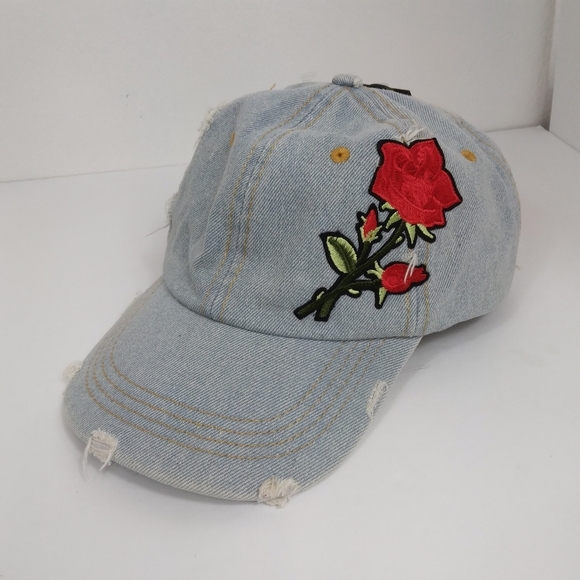 David and Young Accessories - David And Young Distressed Denim Baseball Hat Cap Rose Embroidery Adjustable